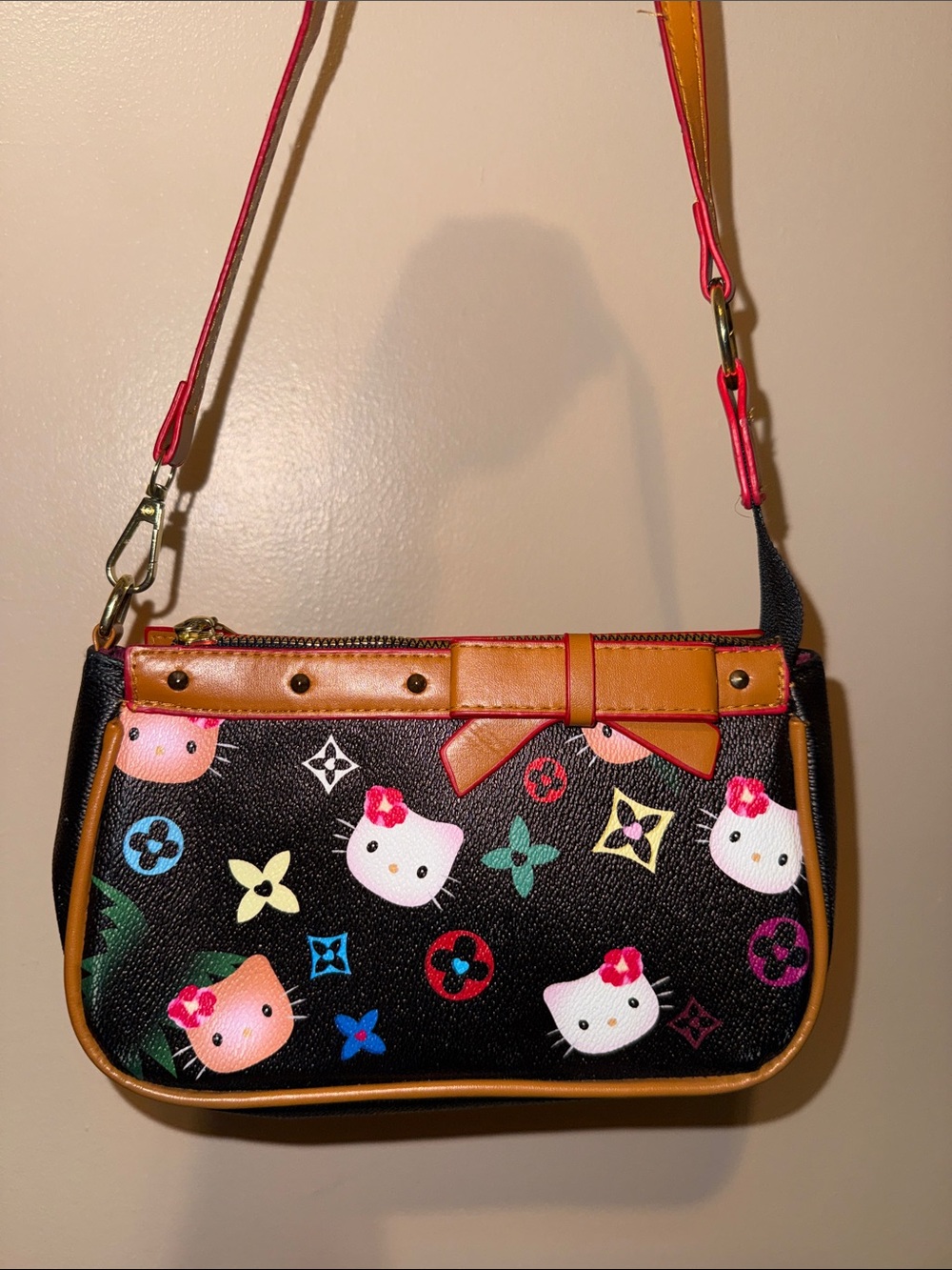 Hello Kitty LV Pattern Black Shoulder Bag with Tan Trim